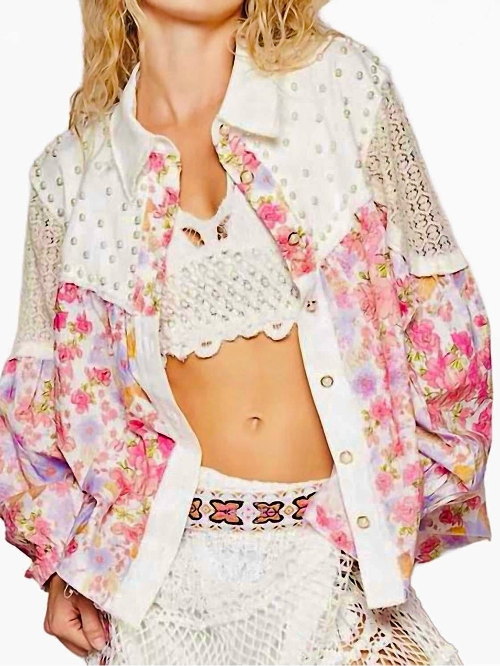 POL Floral button-front blouse with pearl-studded yoke and lace shoulder detail